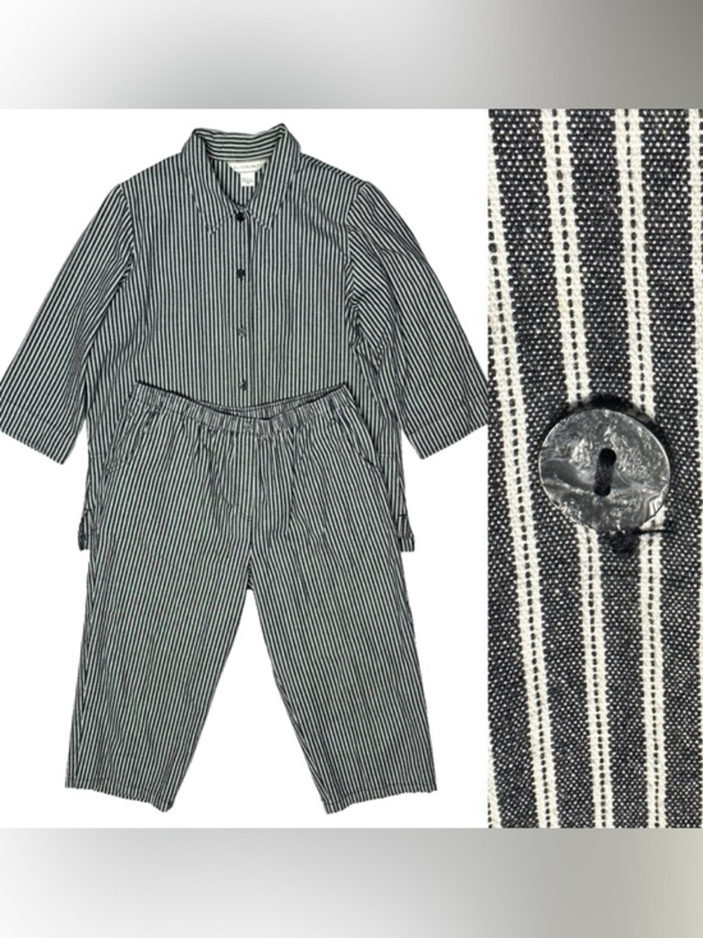 Allison Daley Gray White Striped Button Up Top & Capri Set 100% Cotton Denim 16